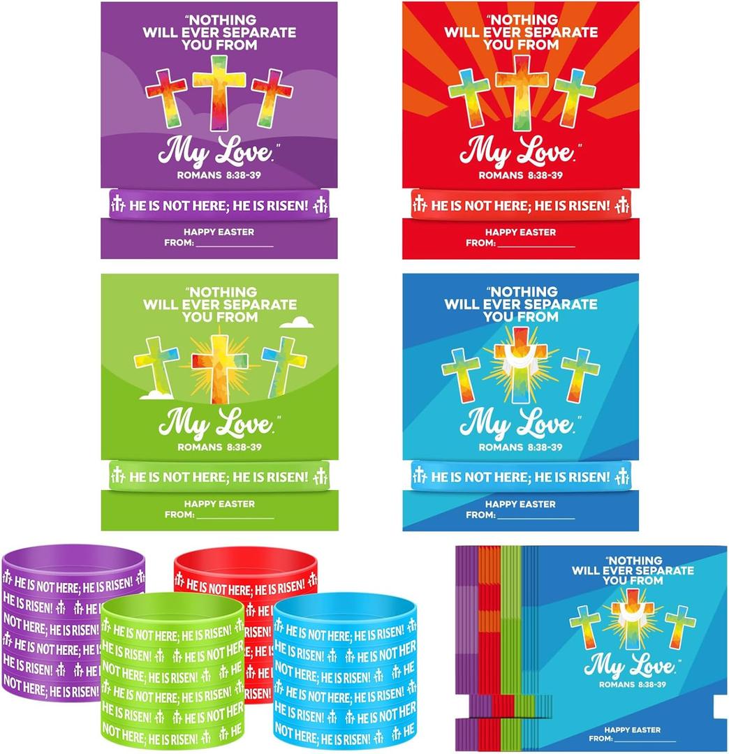 Lunmon 24 Sets He Is Risen Bracelets with Bible Verse Cards, Easter Silicone Wristbands Christian Cross Cards Religious Rubber Bracelets for Easter Party Favors Sunday School Gifts Bulk