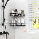 Sakugi Corner Shower Caddy - 2 Pack, Adhesive Shower Organizers, Rustproof Stainless Steel Shower Shelves with 8 Hooks, No Drilling Bathroom Organizers and Storage Racks, Space-Saving, Black, Medium