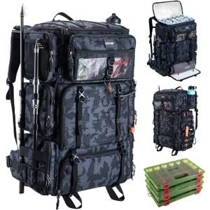 Goture Fishing Backpack with Cooler, 72L 600D Tackle Backpack Included 4 3700 Tackle Boxes, Dry & Wet Split Compartment, Large Fishing Tackle Bag with Rod Holders,Rain Cover for Travel Camping Hiking