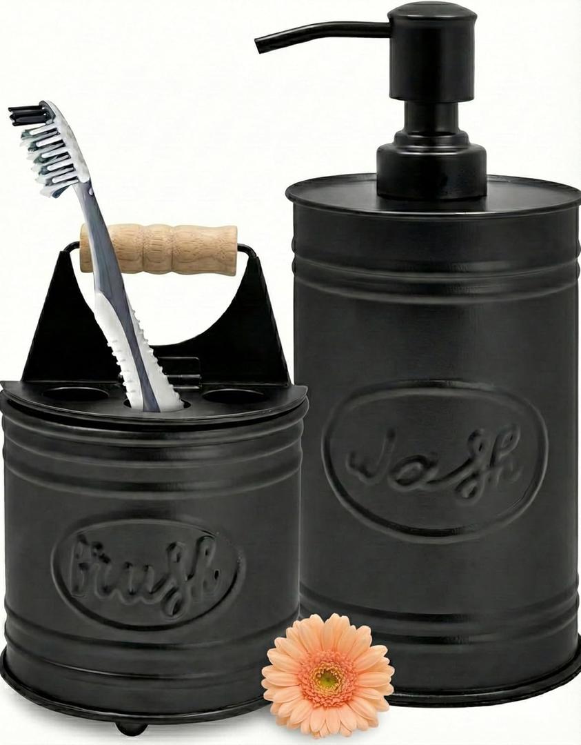 Autumn Alley Rustic Bathroom Accessories Set - Farmhouse Soap Dispenser and Toothbrush Holder Set - Western Bathroom Accessories, Farmhouse Decor for Bathroom Countertop, Galvanized Black