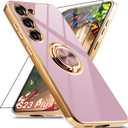 for Samsung Galaxy S23 Plus Case with 1 Screen Protector, Built-in 360 Rotation Ring Holder Magnetic Stand, Luxury Shiny Plating Edge Shockproof Electroplated Protective Cover (Purple/Golden)