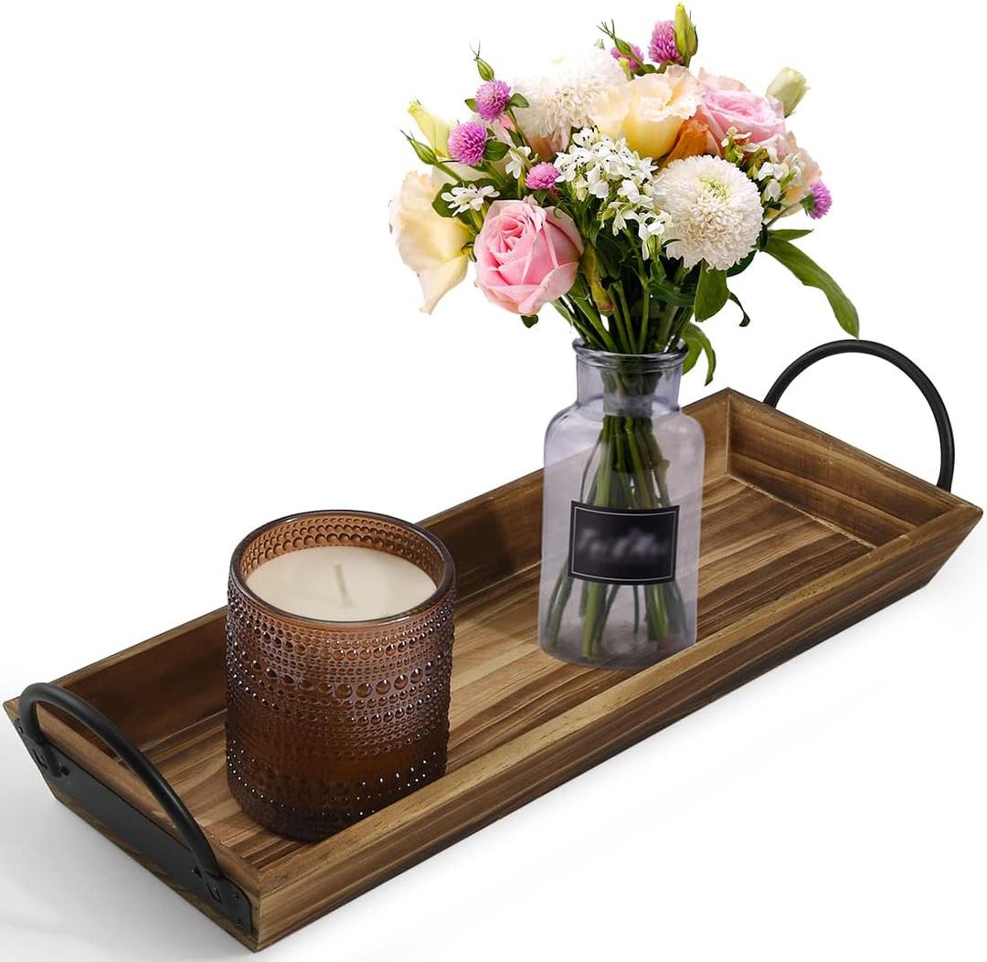 Wooden Candle Tray, Pillar Candle Holder with Black Metal Handles, Rectangular Centerpiece for Rustic Dining Table,Home Decor Accessories for Kitchen Counter，Coffee Table, Fireplace, 15.5x6 inches