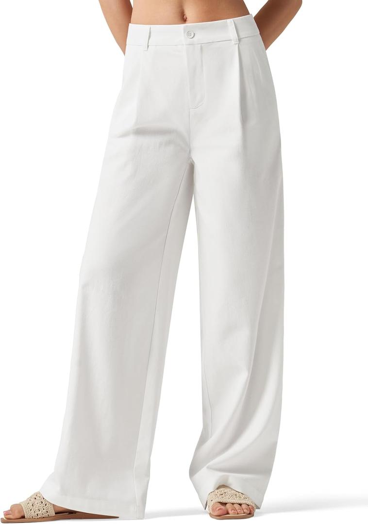 Willit Women's Linen Pants Wide Leg Work Dress Pants Casual Slacks Business Pants with Pockets (Medium, White)