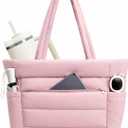 WANDF Puffer Tote Bag for Women with Zipper, Quilted 15.6" Laptop Tote | 40oz Tumbler Holder, 8 Pockets, Lightweight, For College, Teacher, Nurse, Office, Travel