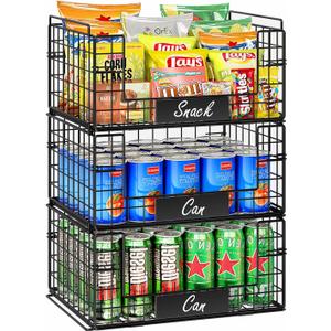 JKsmart 3 Pack XXL Stackable Wire Baskets with Handles for Pantry Storage and Organization, Fruit and Vegetable Basket with Name Plates, Metal Storage Bins for Snack Can Fruit Veggies, XXL (XXL-16.34"x12.01"x23.61")