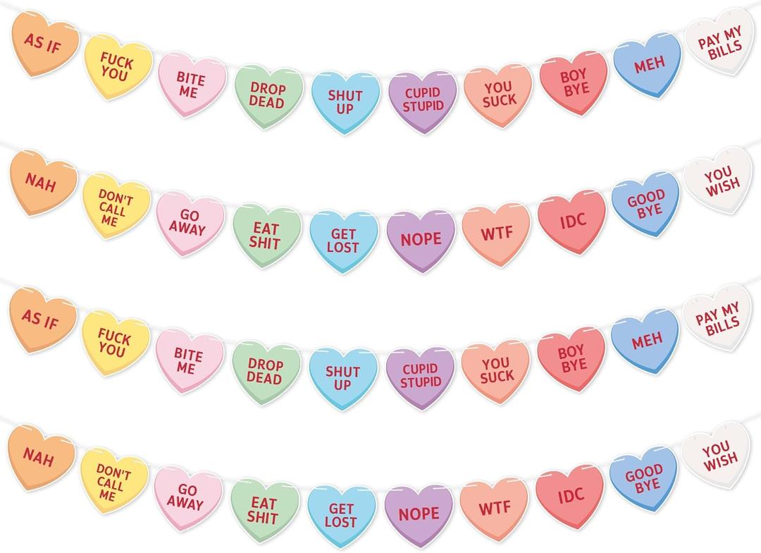 Valentine's Day Mean Conversation Heart Hanging Banners - 4 Spicy Colorful Candy Heart Hanging Party Decoration Supplies, Funny Valentine’s Day Garland Banners for Home Decor Photo Booth Props