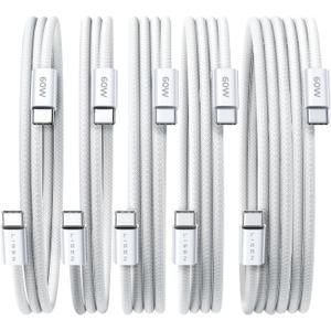 LISEN USB C Cable, 5-Pack [3.3/3.3/6.6/6.6/10FT] USBC to USBC Cable for iPhone 16e 15 Pro Max Charger Cord, 60W (3.1A) C to C Cable Fast Charging for Samsung S25/S24/23, Switch 2, iPad, MacBook,White