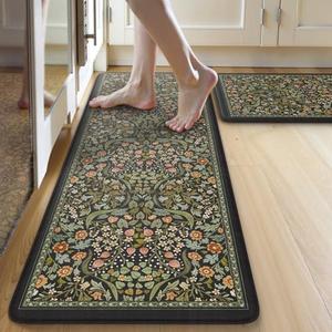 Collive Kitchen Mats for Floor 1PCS, Cushioned Anti Fatigue Mat Non Slip Waterproof Kitchens Sink Rug, Vintage Spring Floral Rugs Comfort Standing Mat for Laundry, Desk, Bar, Office, Black