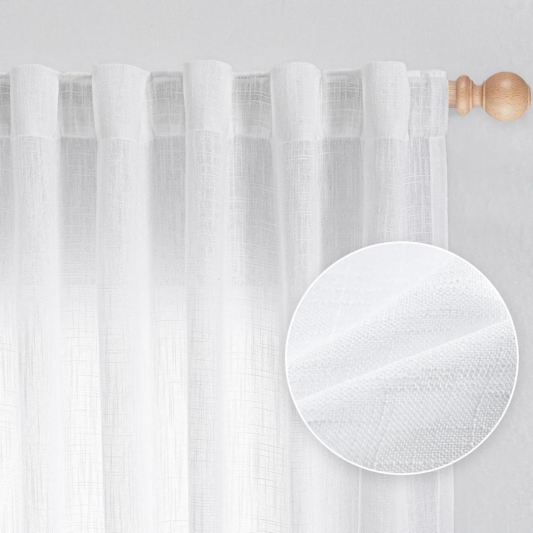 MYSKY HOME Patio White Curtains for Sliding Door, Living Room Curtains & Drapes Soft Cotton Farmhouse Window Treatments 90 inch Length 2 Panels Set Linen Look Semi Sheer Draperies, 50"W x 90"L (Pack of 2), White