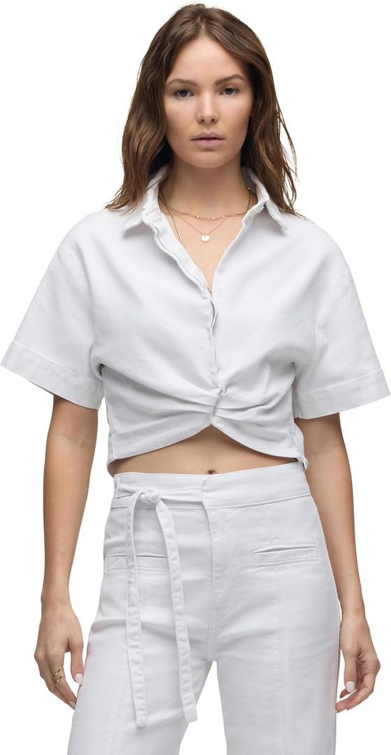 HUDSON Women's Knot Front Button Down Short Sleeve Shirt, Small