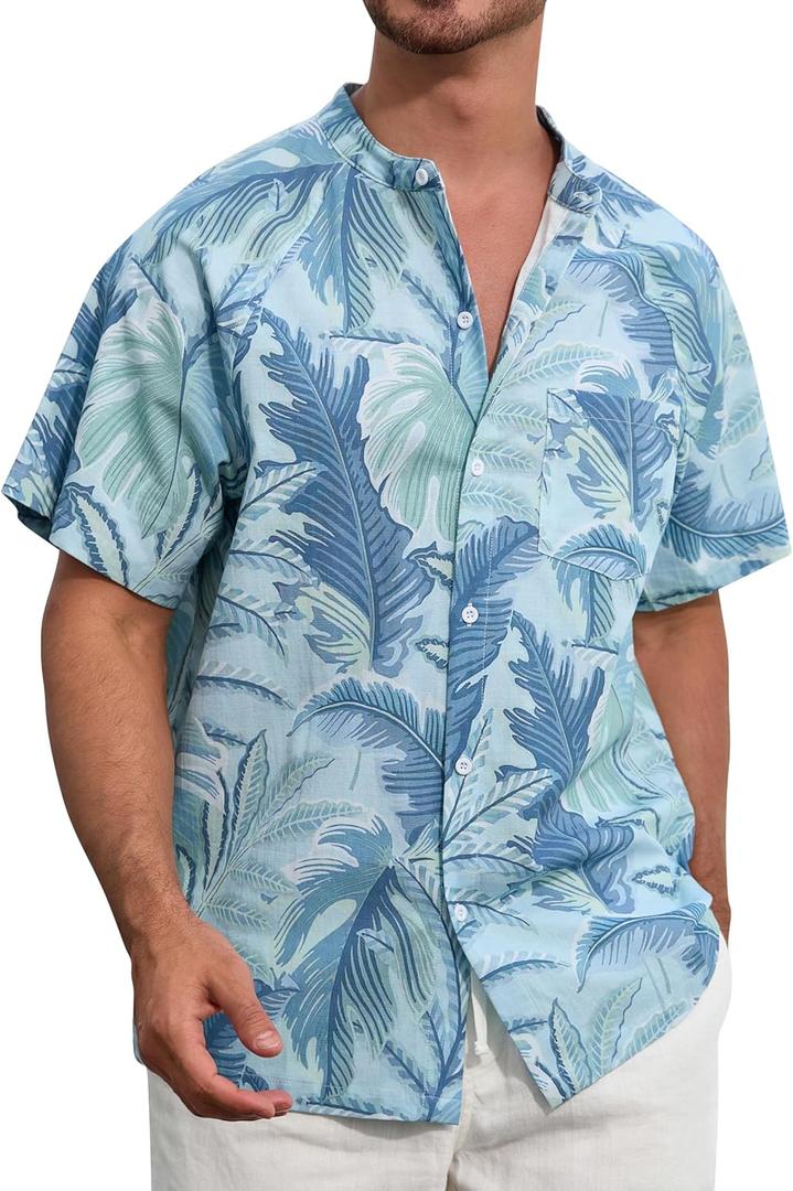 SILKWORLD Men's Cotton Linen Casual Button Down Shirts Short Sleeve Hawaiian Summer Tropical Beach Shirts with Pocket, Haze Blue Leaves, XX-Large