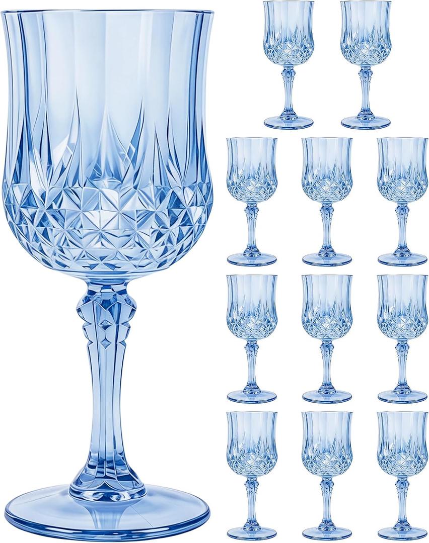 Plastic Wine Glasses Set, 7oz Vintage Goblets Shatterproof Unbreakable Reusable & Disposable, Drinking Glasses with Stem, for Wedding Outdoor Dinner Party (12pcs, Blue)