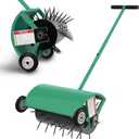 24 Inch Rolling Lawn Aerator, Heavy Duty Manual Aerator Tool, Up to 70 lbs, Push Spike Aeration Tool with 42 Spikes, Suitable for Lawns, Garden, and Yard Grass Aeration [Green]