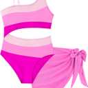 UIQUR Girls Swimsuit One Piece Bathing Suit with Mesh Cover Up Adjustable Straps Swimwear 7-16Y (13-14 Years, Pink)