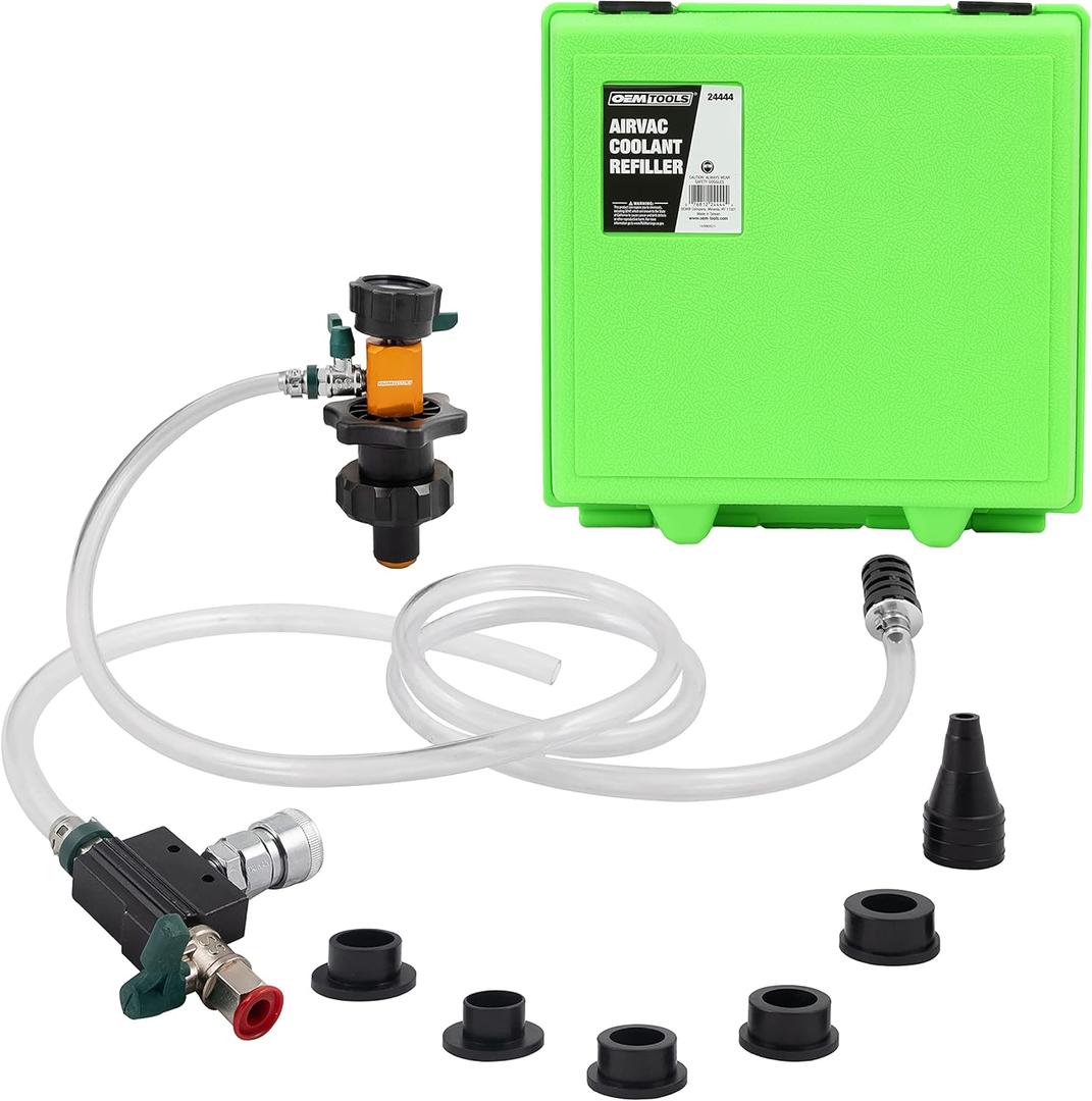 OEMTOOLS 24444 Coolant Vacuum Refill Kit, Coolant Pressure Tester Kit, 70110 PSI Working Pressure, 5 Bushings, 1 Tapered Cone Adapter, Vacuum Leak Detector, Pressure Tester for Coolant System