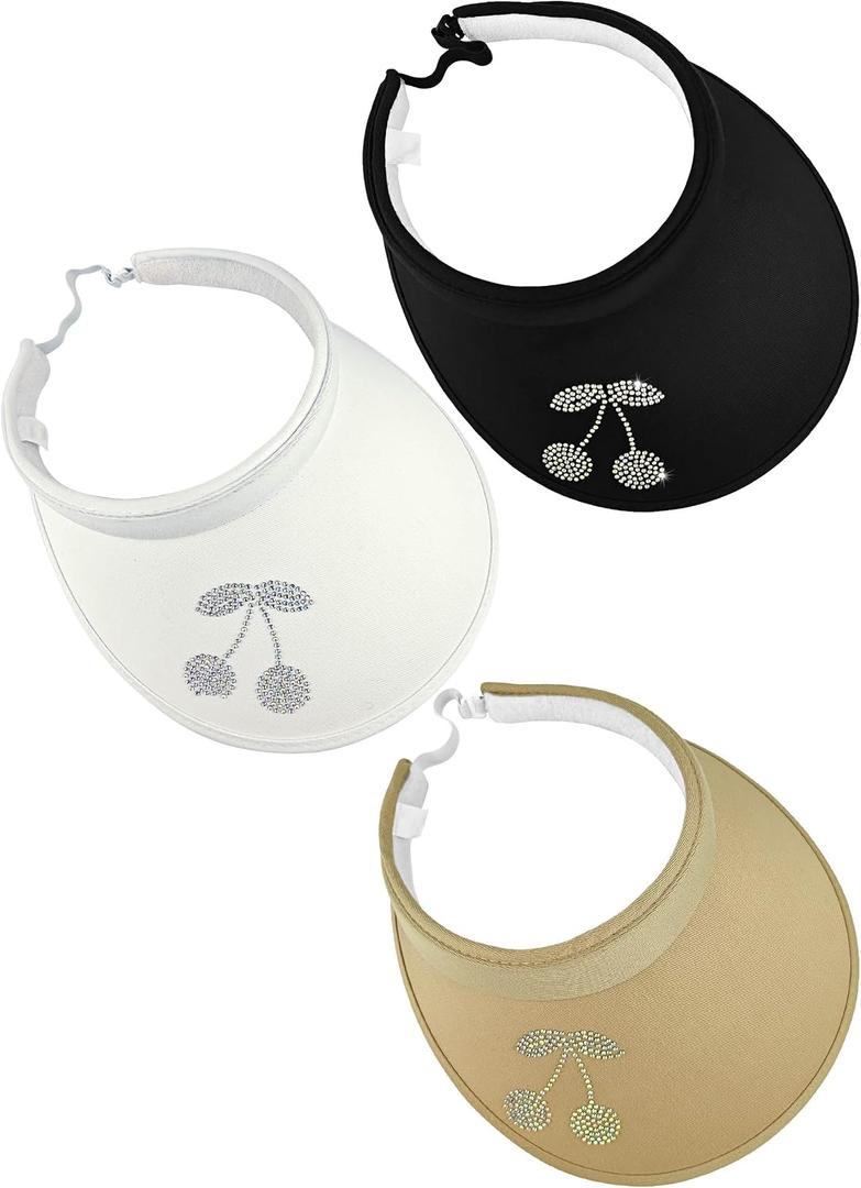 3 Pack Sun Visor Hat Women Shiny Rhinestones Bling Clip On Visors