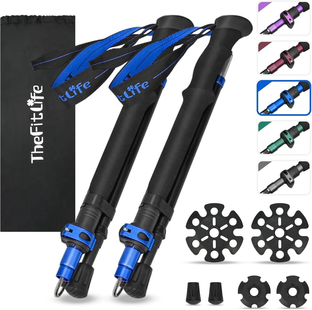 Thefitlife Collapsible Trekking Poles For Hiking Lightweight Folding Walking Sticks For Men And Women With Extra-Long Foam Handle And Metal Flip Lock (100-120cm For Users 5'7" Or Under, Blue)