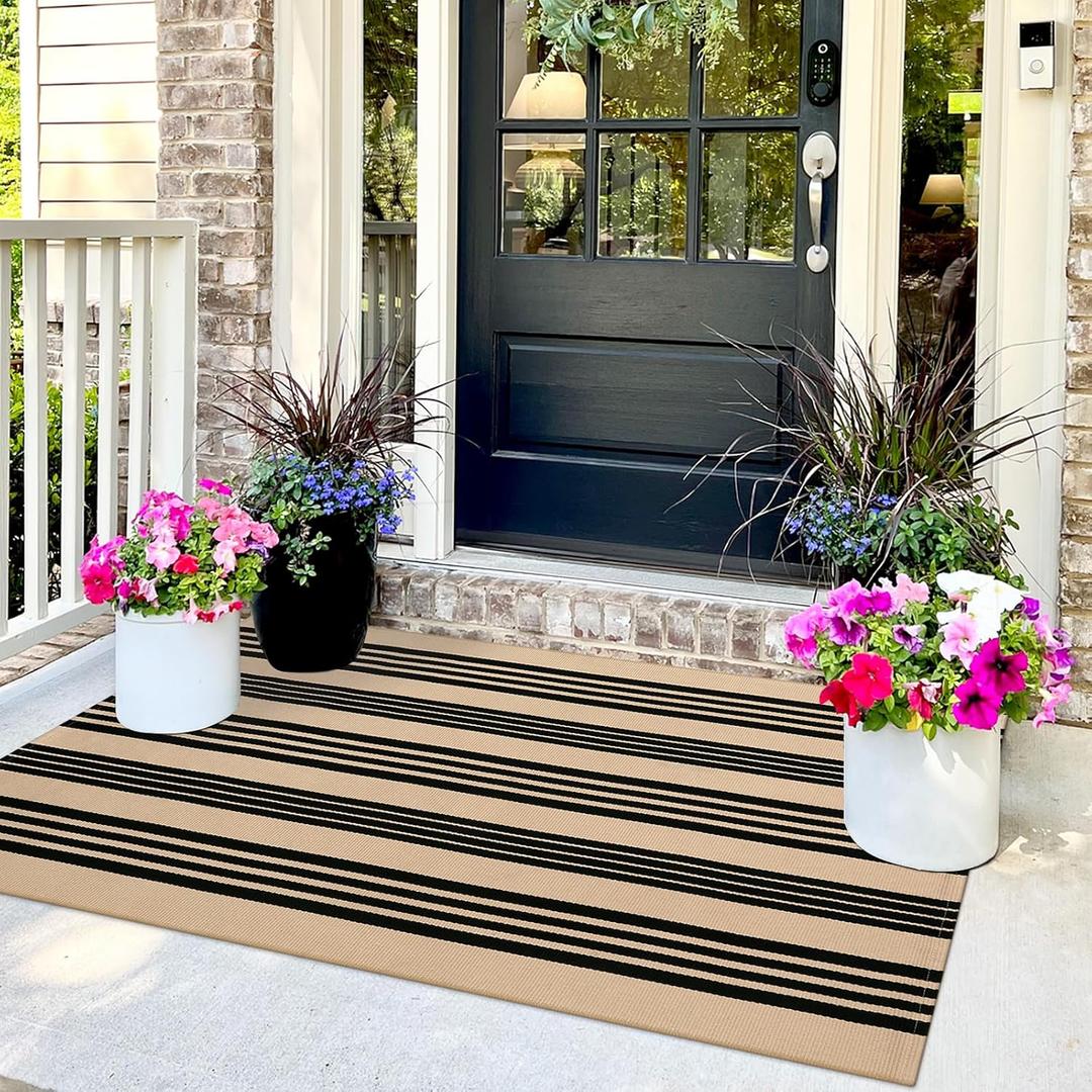 Tiveney Farmhouse 3x5 Outdoor Rug, Black and Khaki Striped Rugs Washable, Cotton Woven Reversible Front Porch Rug, Layered Doormats Carpet for Entryway Outdoor Entrance Front Door Porch Patio Decor