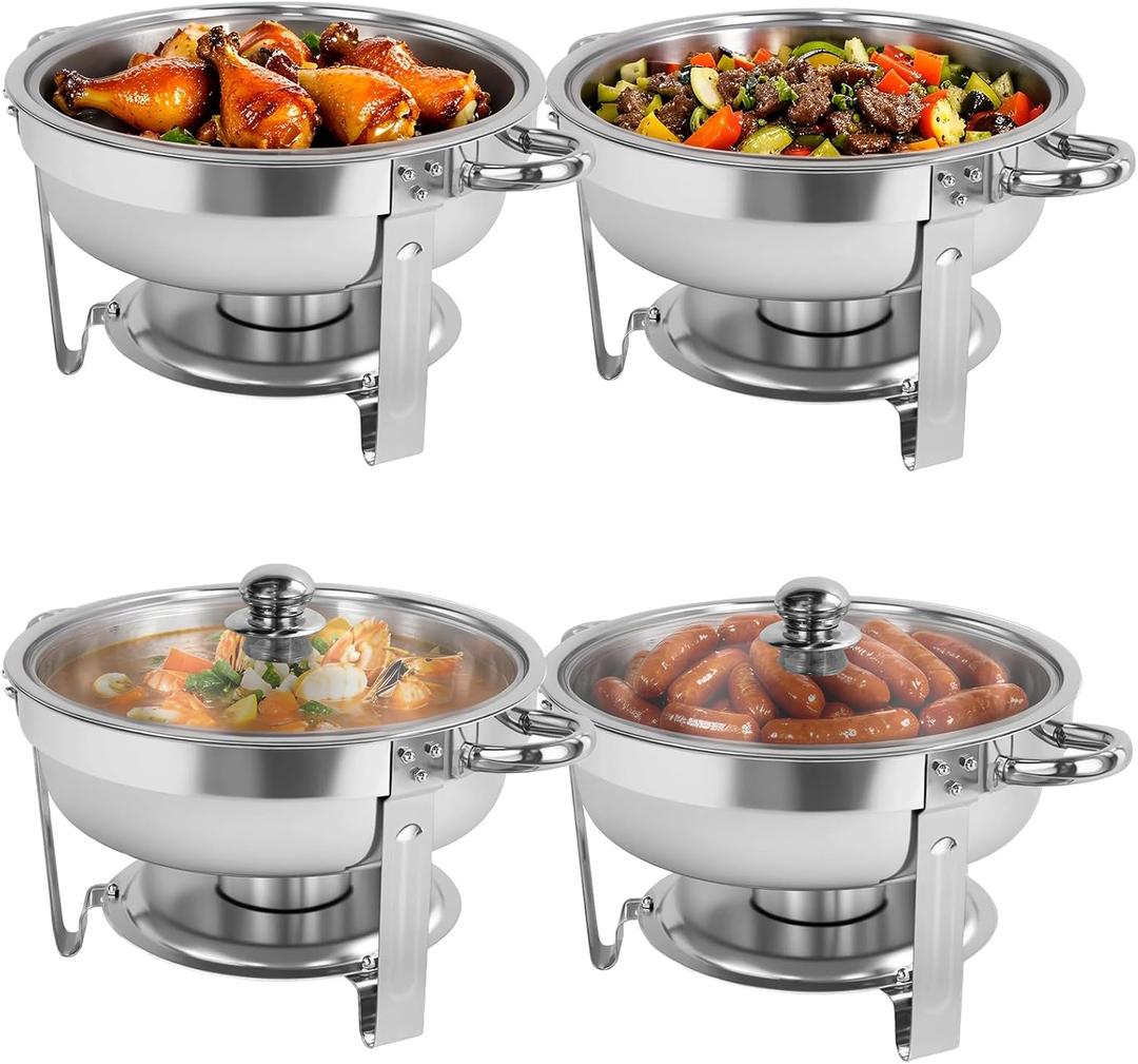 Chafing Dishes for Buffet, 4 Pack 6QT Round Chafing Dishes for Buffet, Silver Stainless Steel Chafing Dish Buffet Set for Any Party, Silver