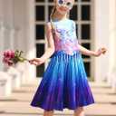 Funnycokid Girls Dress Summer Sleeveless Sundress Birthday Outfit Twirly Mermaid Party Kids 4-15 Years (Blue, M)