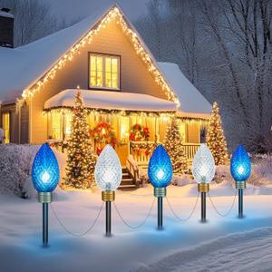 Moonflor Strawberry Super Jumbo C9 Christmas Pathway Lights Outdoor - 2 Pack Total 22 FT 10 LED Jumbo C9 Pathway Lights, Hanging Christmas Light Outdoor Decorations for Lawn Yard, Blue & Pure White