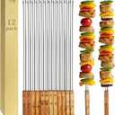 12 Pack Kebab Skewers BBQ Barbecue Skewers Stainless Steel Sticks 23.5 Inch Heavy Duty Large Wide Reusable with Nonslip Wooden Handle Ideal for Shish Kabob Chicken Shrimp and Vegetables