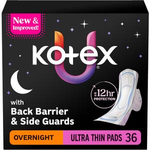 Kotex Ultra Thin Overnight Pads with Wings, Heavy Absorbency, 36 Count 