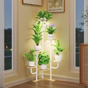 Homsorout Corner Plant Stand with Grow Light - 6 Tier Plant Stand Indoor Round Metal Plant Shelf with Adjustable Light, Plant Organizer for Living Room, Graden, Home Decor (Maple)