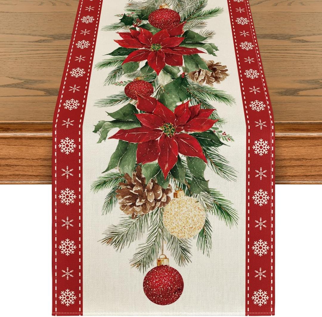 Artoid Mode Poinsettia Pine Branches 210 GSM Christmas Table Runner, Seasonal Winter Kitchen Dining Table Decoration for Home Party Decor 13x72 Inch (Red)