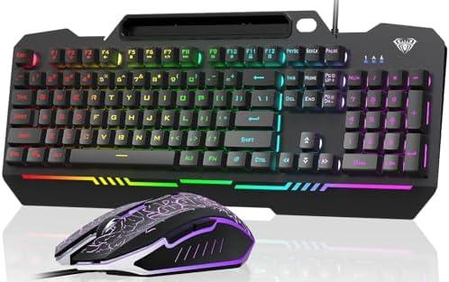 AULA Gaming Keyboard, T102 104 Keys Gaming Keyboard and Mouse Combo with RGB Backlit, All-Metal Panel, Anti-Ghosting, PC Game Keyboard and Mouse, USB Wired Keyboard Mouse for MAC Xbox PC Gamers