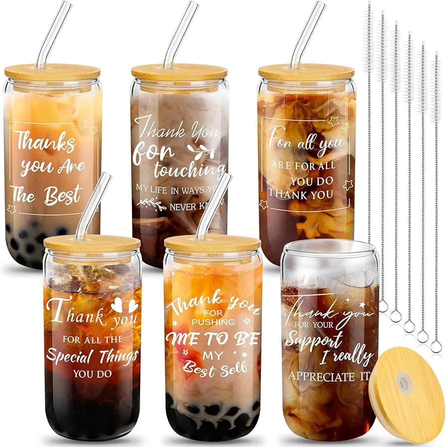 6 Set Employee Appreciation Gifts Thank You Gifts for Staff Coworker Christmas Thank You Glass Cups 16 oz Can Shaped Beer Glass with Lids Straws Brushes for Team(Charming Style)