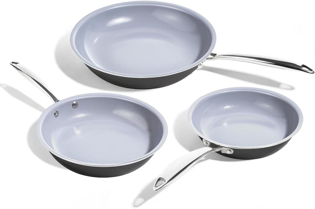 KITEXPERT Non Stick Frying Pans Set, Titanium Ceramic Pan Skillet Set Non Toxic, 8" 9.5" 11" Nonstick Frying Pan, Stainless Steel Handle, Dishwasher & Oven Safe, PFAS & PTFE & PFOA Free, Grey (Gray)
