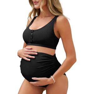 Summer Mae Maternity Ribbed High Waist Swimsuit Crop Top Bikini Bathing Suit High Cut Two Piece Pregnancy Swimwear, Large 