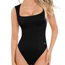 Popilush Bodysuits for Women - Sleeveless Square Neck Thong Bodysuit Tummy Control Going Out Double Lined Corset Tops M