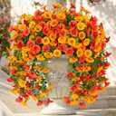 Ivydale 2 PCS Artificial Hanging Flowers Fake Plants Outdoor,Silk Morning Glory Faux Flowers with Eucalyptus Leaves,UV Resistant Realistic Hanging Plants for Home Garden Decor (Yellow+Orange)