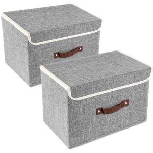 TYEERS Collapsible Storage Boxes, Washable Fabric Storage Bins with Lids, 14.9x9.8x9.8 inches, 2 Pack, Gray