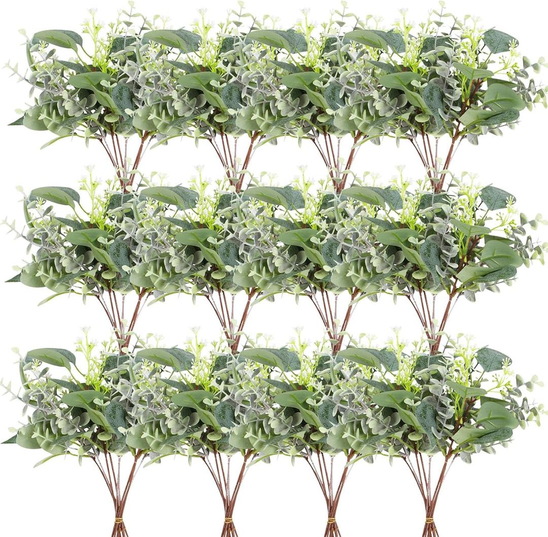 120 PCS Artificial Eucalyptus Stems Bulk Faux Silver Dollar Leaves for Vase Bouquets Baby Eucalyptus Leaves for Family Wedding Center Flower Arrangement