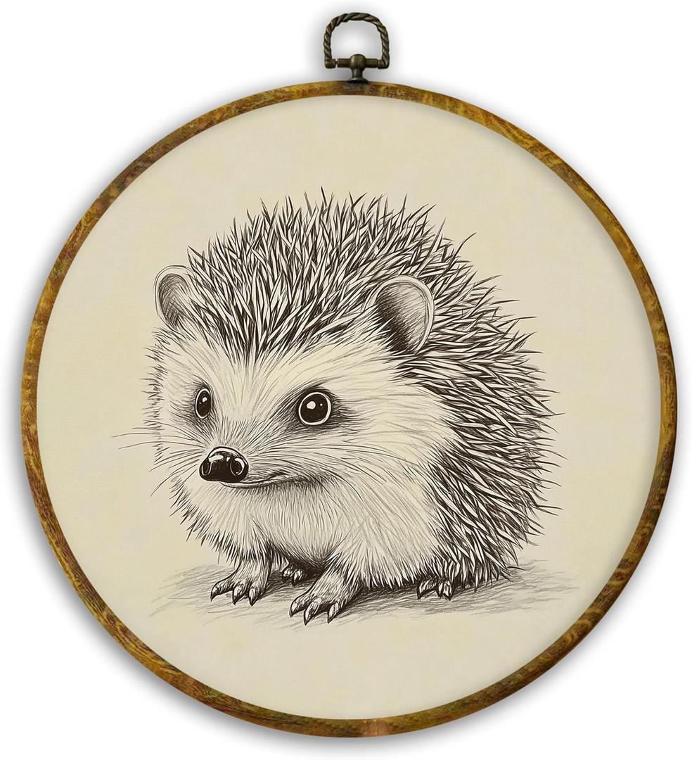 CUANFDDSF Vintage Hedgehog Sketch Animal Round Wall Art, Hedgehog Gifts for Women Framed Hanging Wall Decor, Retro Farmhouse Animal Canvas Prints Decorations for Home Living Room Bedroom, 10x10 Inch (Colour 04)
