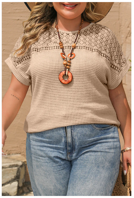 Oatmeal Lace Patchwork Waffle Short Sleeve Plus Size Top Size M