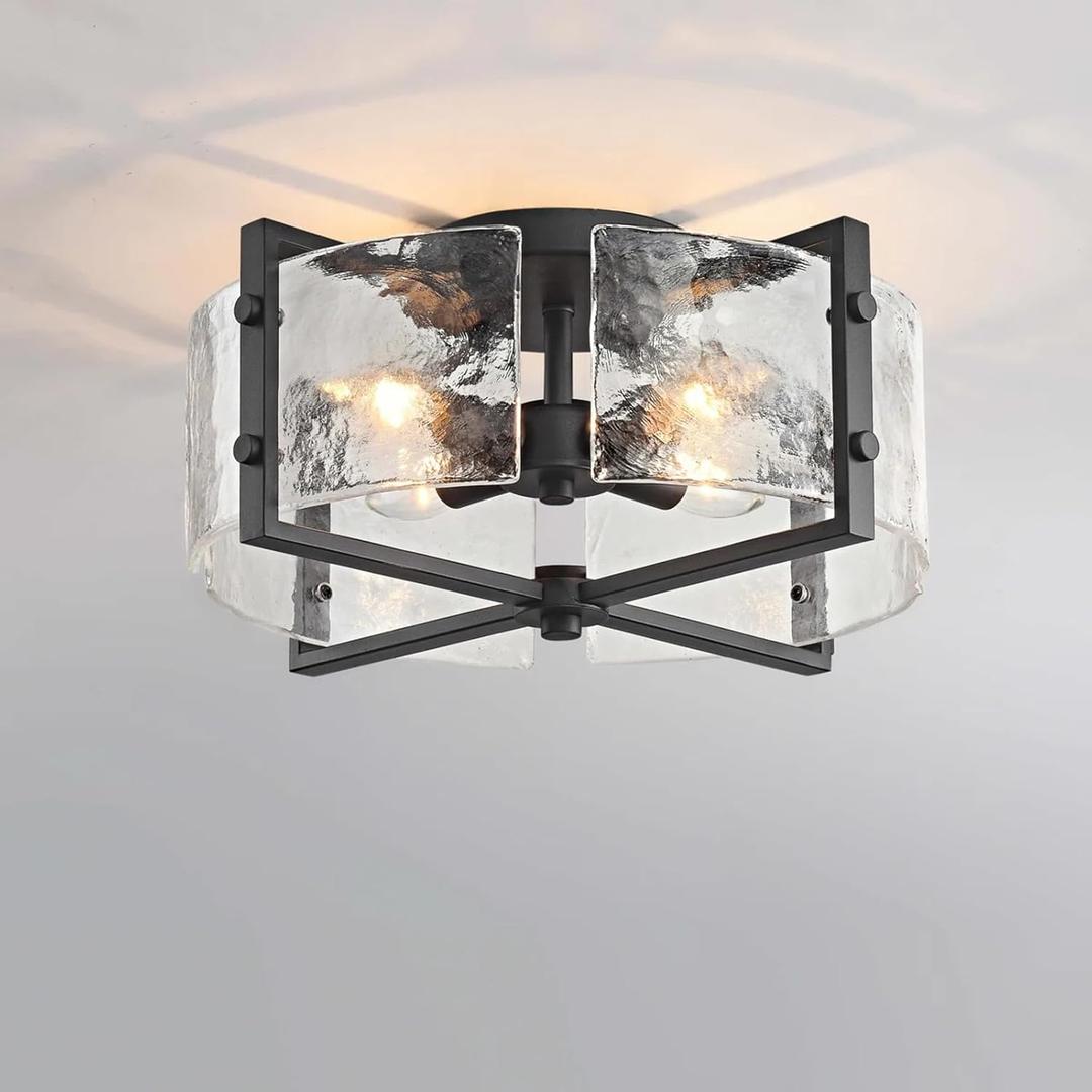 Bofea-Industrial Flush Mount Ceiling Light, Black Circular 4-Lights Farmhouse Hallway Light Fixture, Water Ripple Flush Mount Fixture Perfect for Kitchen Island, Dining Room and Hallway