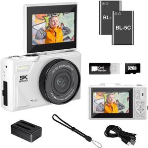 WGM Point and Shoot Digital Cameras Portable Camera FHD 64MP 4K Digital Camera with 16X Zoom Anti-Shake with Flip Screen (White)