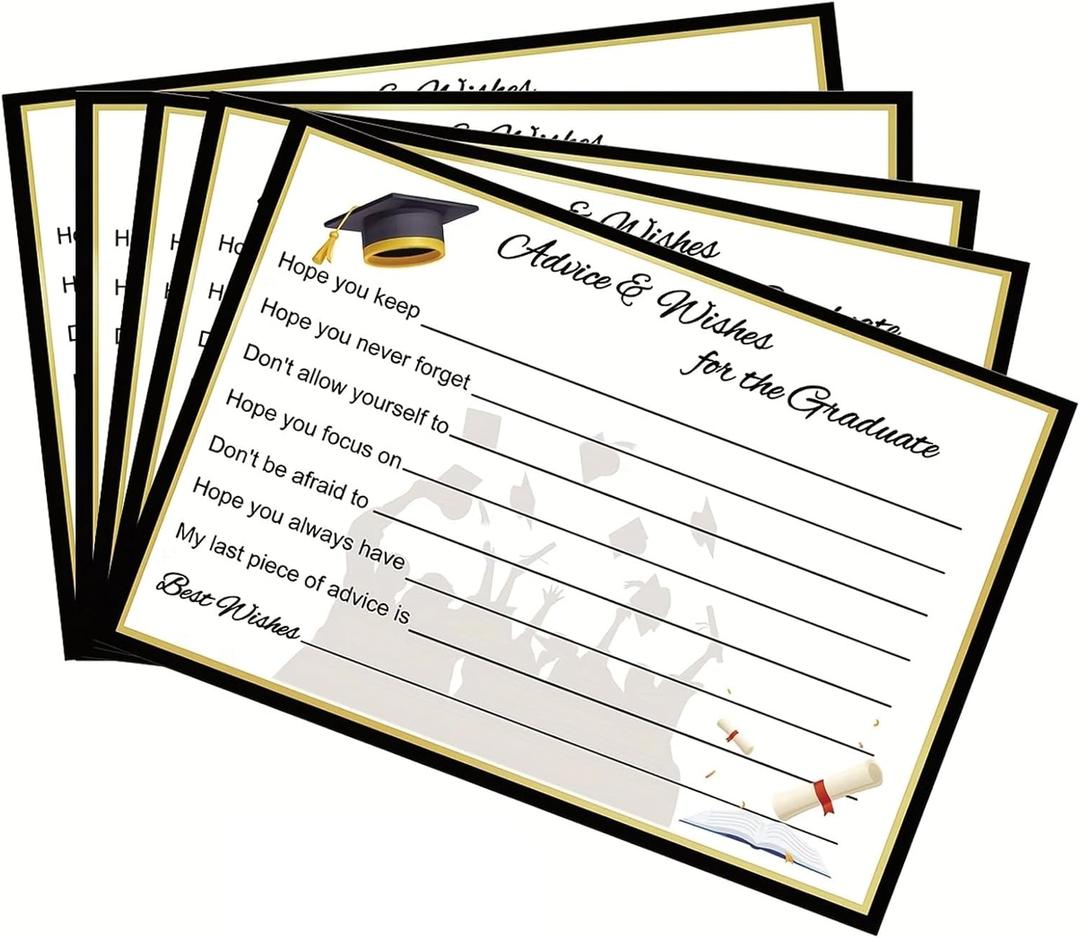 50 Pcs Graduation Advice Well Wishes Cards for Graduates Advice For The Graduate Double-Sided Black With Gold Accents High School College Cards Graduation Party Games