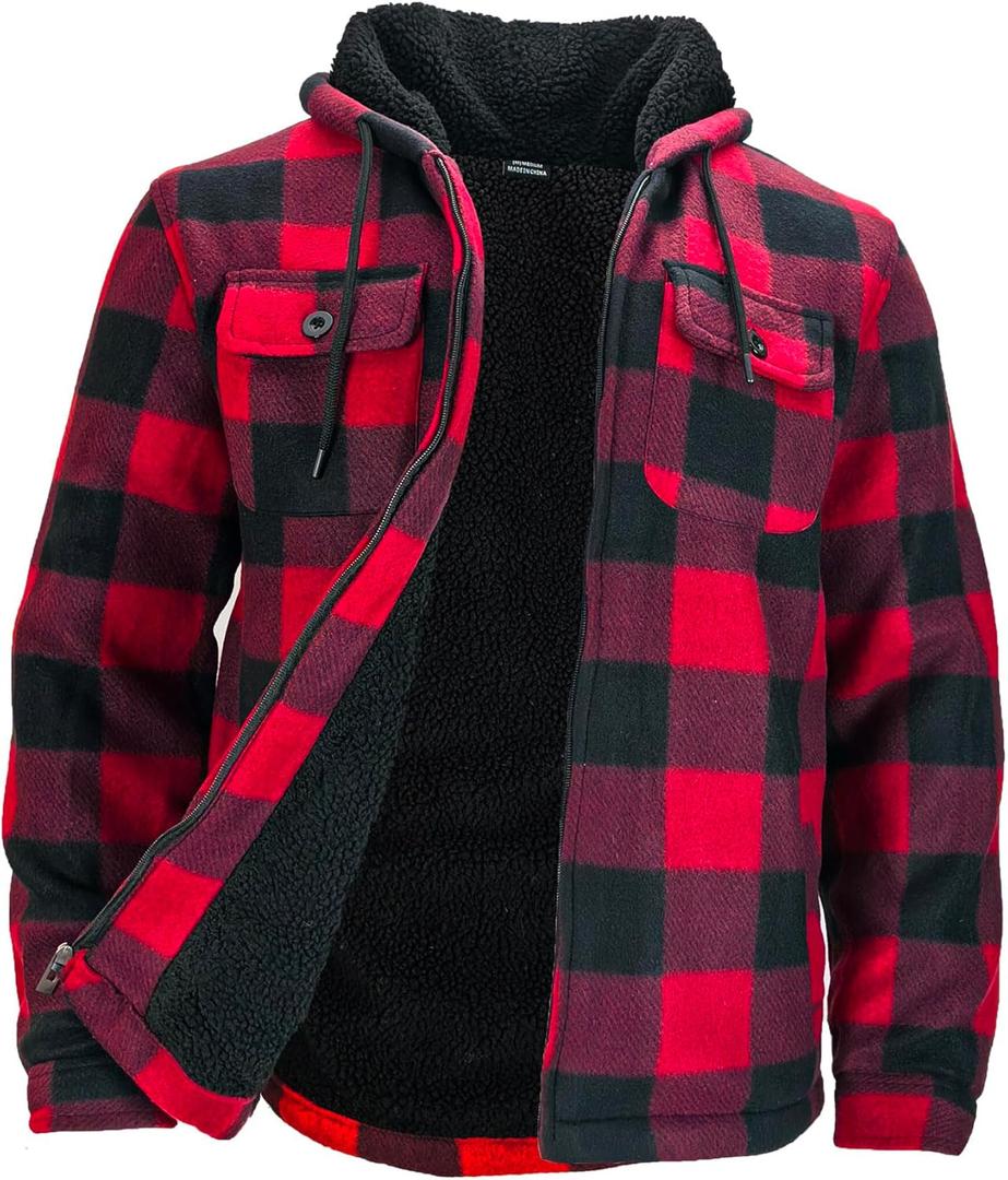 Winter Flannel Fleece Jackets for Men, Plaid Warm Sherpa Lined Coats With Hood Zip Up Hoodie Sweatshirt (5X-Large, Red)