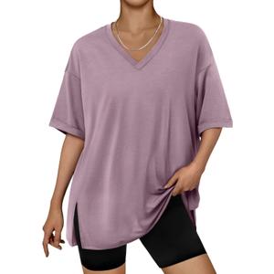 Trendy Queen Oversized Tshirts for Women Workout Plus Size Tops V Neck Short Sleeve Gym Shirts Casual Loose Fit Basic Tees (X-Large, Dark Pink)