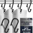Set of 12 Black Metal S Hook Shower Hooks 1  Closed, Heavy Duty, Long Decorative Shower Curtain Hooks, Easy Glide, Buckle, Large Rust Resistant Rings for Bathroom Rods (Black, S)
