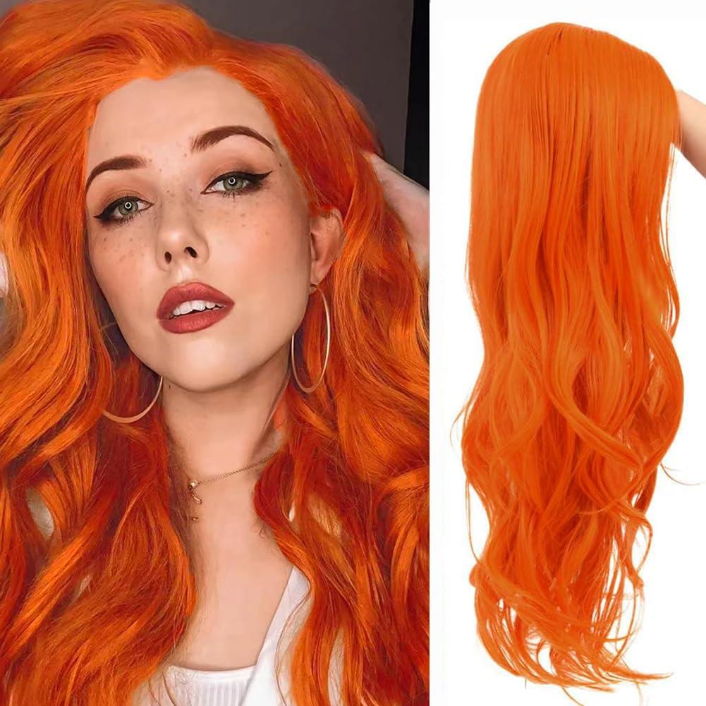 Kaneles Long Orange Curly Wavy Wigs for Women Side Part Natural Synthetic Heat Resistant Fiber Wigs for Daily Party Use