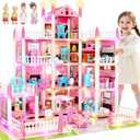 4 Stories Doll House for Girls, DIY Dollhouse Accessories Playhouse with Furniture and 11 Rooms, Pretend Play House with Lights for Kids, Portable Building Dolls Playset Toys Kit Gift for Ages 6+