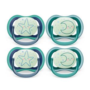 Philips Avent Ultra Air Pacifier - 4 x Light, Breathable Glow-in-The-Dark Baby Pacifiers for Babies Aged 6-18 Months, BPA Free with Sterilizer Carry Case, SCF376/08 (Sleeping Star / Sleeping Moon)