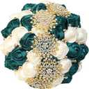 Emerald Green Ivory Bridal Wedding Bouquet with Bling Gold Rhinestone Pearl for Bride Bridesmaid Quinceanera Emerald Green and Ivory Satin Rose Flower Brooch Wedding Bouquet 7.1in