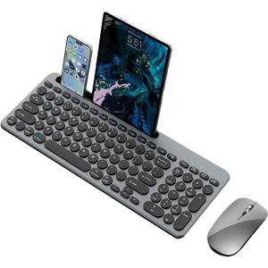 Wireless Keyboard and Mouse Combo with Phone Tablet Holder, Rechargeable Dual-Mode (Bluetooth 5.0 and 3.0 +2.4G) Multi-Device Silent Mouse for Windows, iPad, Tablet, MacOS,iOS,Android (Grey)
